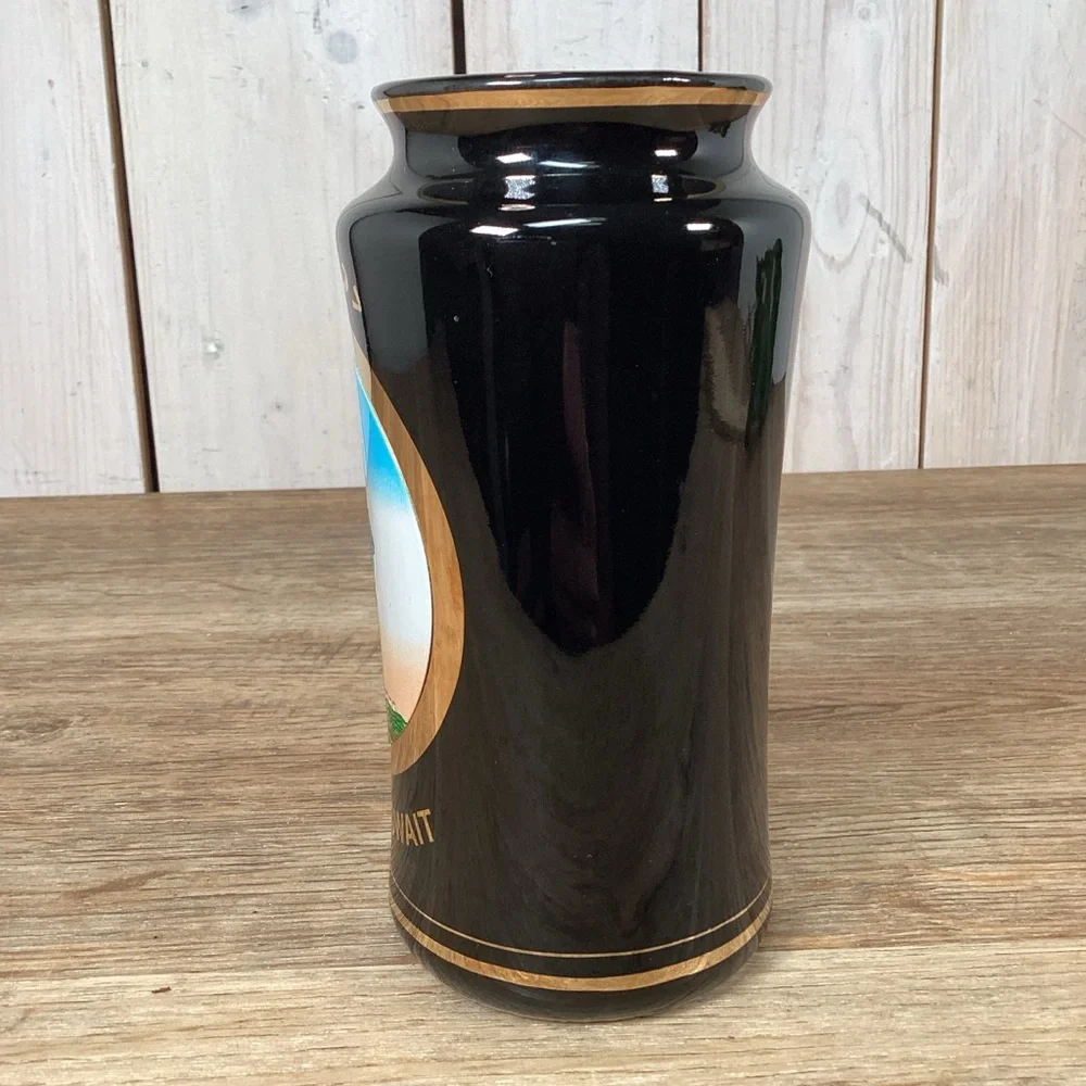 The Art of Chokin State of Kuwait Black Glass Collector's Vase 24kt Gold 6" Tall - Picture 5 of 11